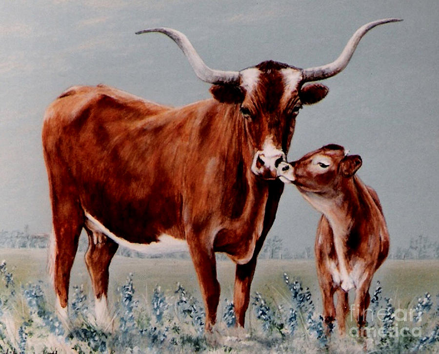 900x725 Longhorn Cow And Calf Painting By Didi Higginbotham - Cow And Calf Painting