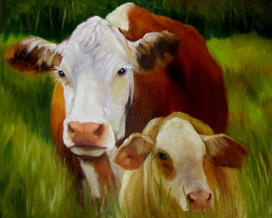 900x720 Mother Cow And Baby Calf Painting By Cheri Wollenberg - Cow And Calf Painting