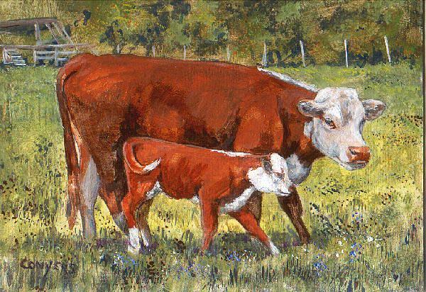 600x412 White Face Cow And Calf Painting By Peggy Conyers - Cow And Calf Painting