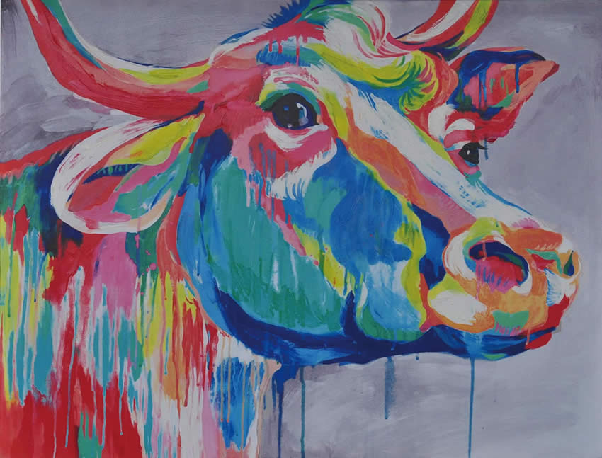 850x647 Colorful Cow Head Canvas Painting Watery Ink Gray Abstract - Cow Head Painting