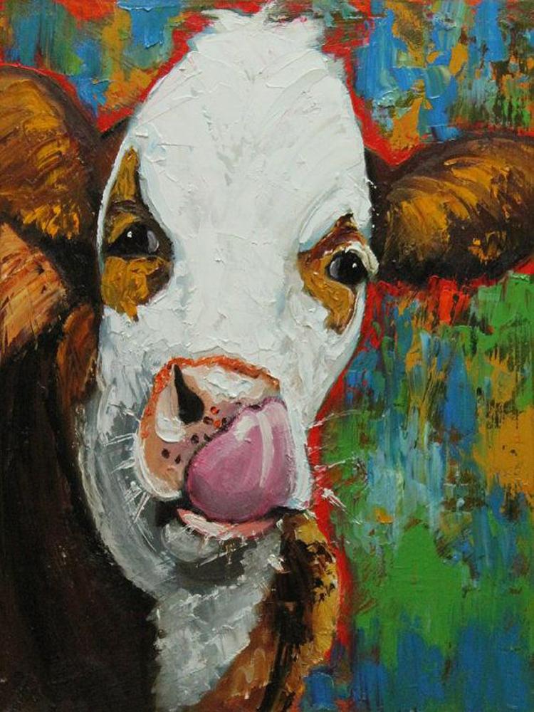750x1000 Hand Painted Funny Cow Oil Painting Shop For Farmer - Cow Oil Painting