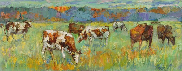 770x301 Saatchi Art Cows On The Field Painting By Nataliia Nosyk - Cow Painting