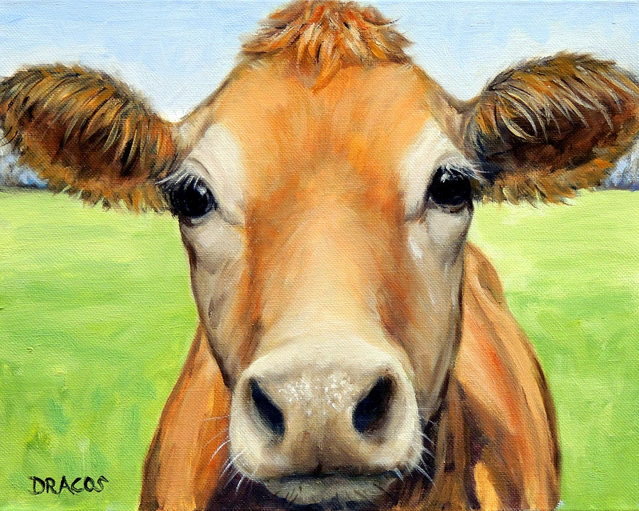 900x720 Sweet Jersey Cow In Green Grass Painting By Dottie Dracos - Cow Painting
