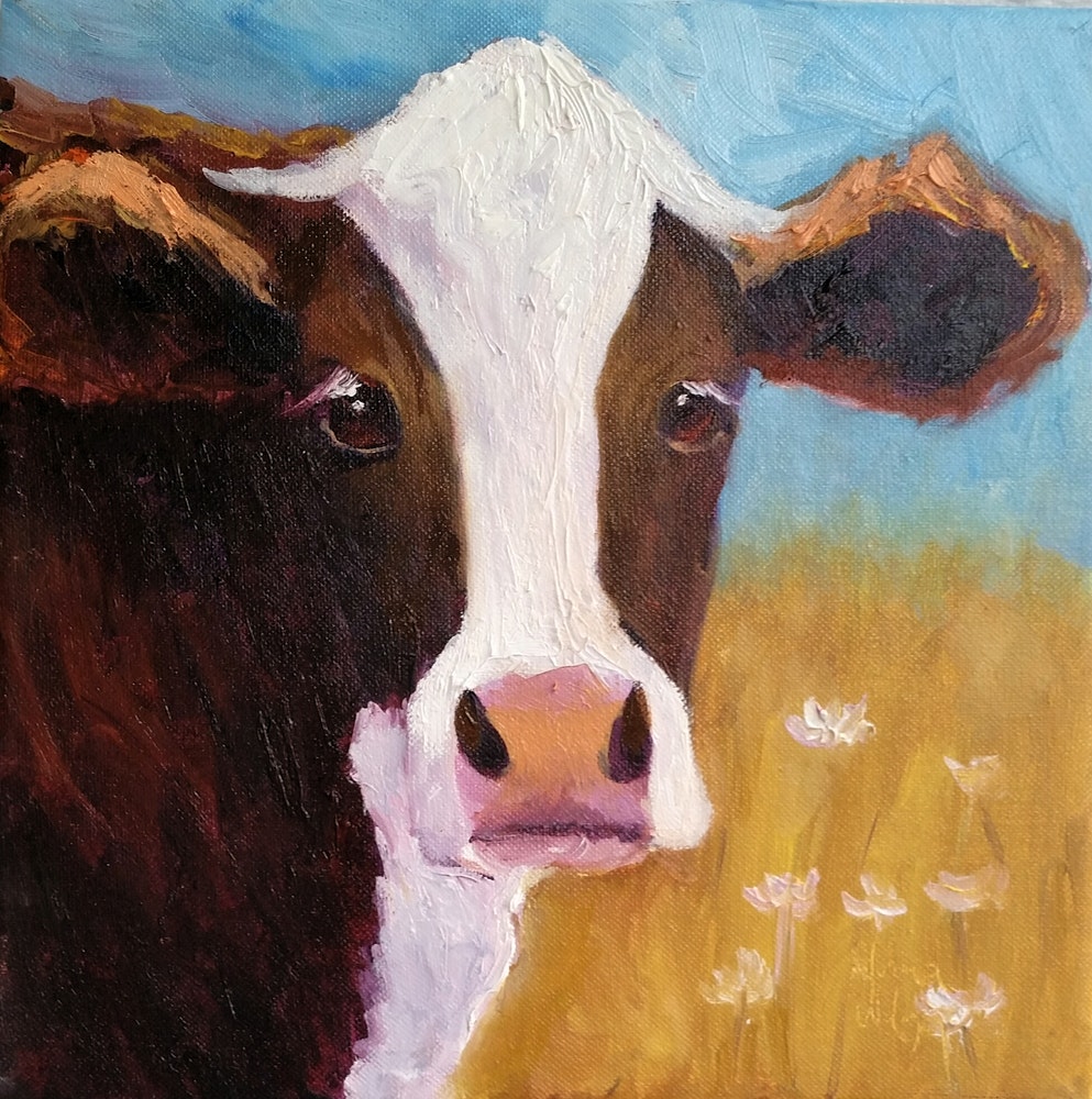 993x1000 Norma Wilson Original Oil Brown And White Cow In Field Painting - Cow Painting Artist