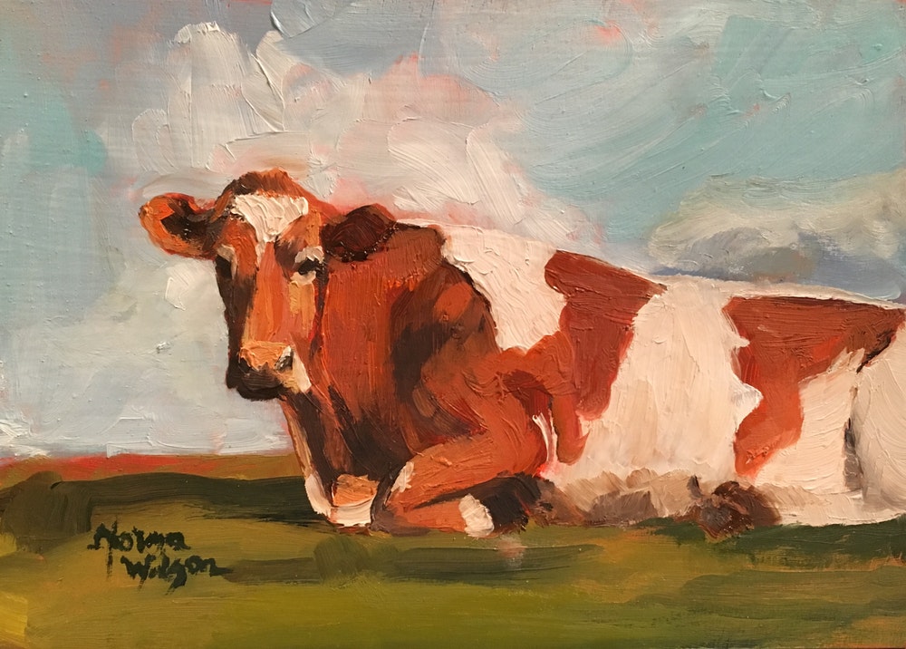 1000x716 Norma Wilson Original Oil Cow Bovine Animals Portrait Farm House - Cow Painting Artist