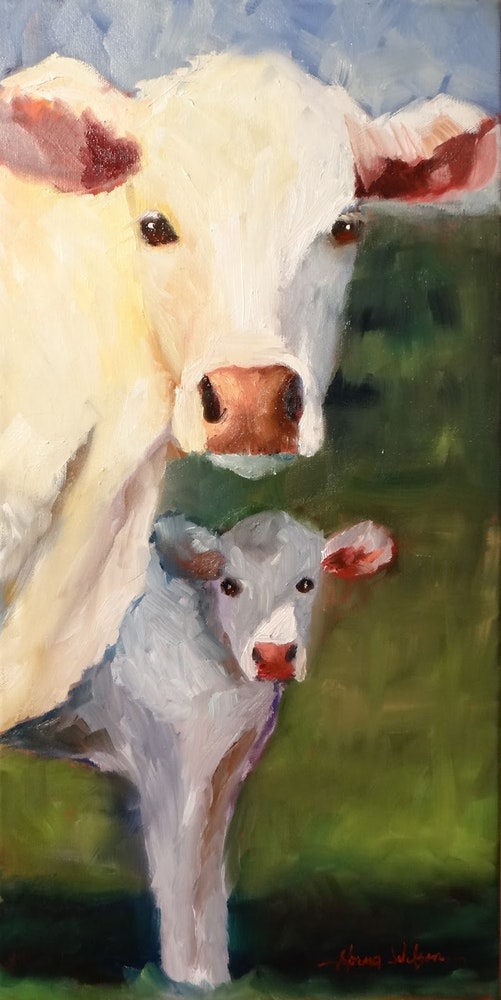 501x1000 Standing By Mom Cow Painting Animal Art By Artist Norma Wilson, - Cow Painting Artist