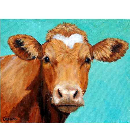 449x480 Guernsey Cow Art, Farm Animal Print, Face On Light Teal, Painting - Cow Painting On Canvas
