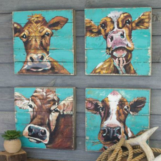 620x620 Cow Painting On Wood Panel, Set Of 4 Antique Farmhouse - Cow Painting On Wood