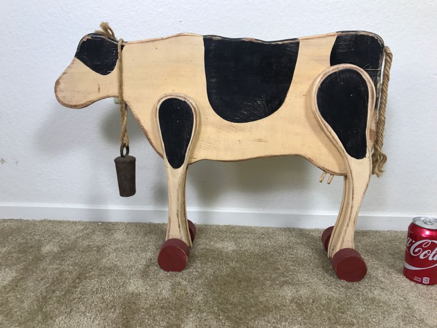 900x675 Hand Painted Wooden Cow On Rollers With Old Cow Bell - Cow Painting On Wood