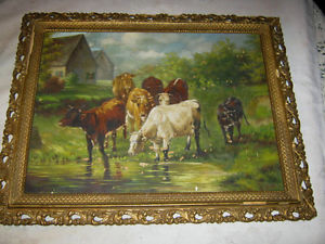 300x225 Primitive Antique Country Farm Milk Cow Tree Oil Painting Wood - Cow Painting On Wood