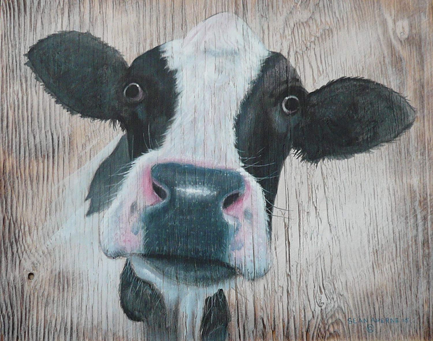 1500x1181 Black Amp White Cow Portrait Wooden Sign Plaque Painting - Cow Painting On Wood