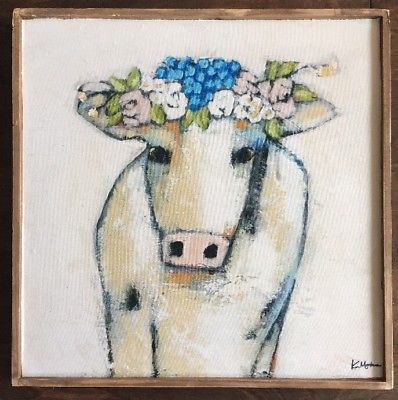 398x400 Wood Framed Farmhouse Cow Painting Print On Canvas Flowers White - Cow Painting On Wood
