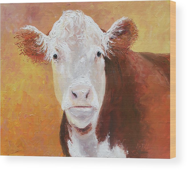 655x596 Brown And White Hereford Cow Painting Wood Print By Jan Matson - Cow Painting On Wood