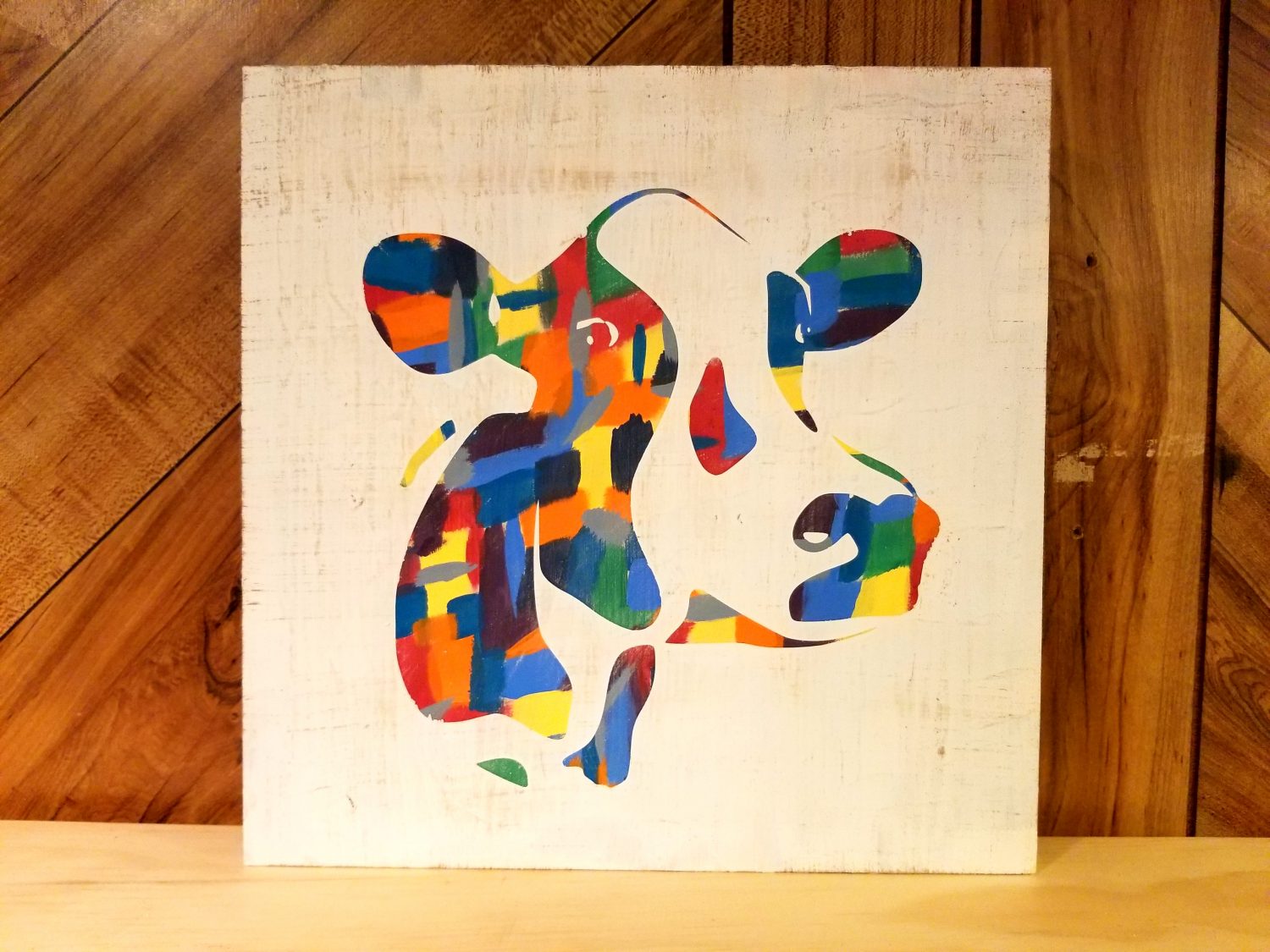 1500x1125 Colorful Cow Painted Wood Sign 12 X 12 - Cow Painting On Wood