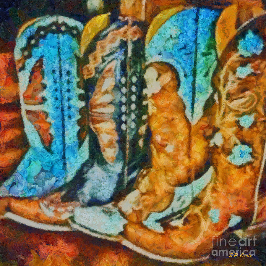 900x899 Cowboy Boots Painting By Elizabeth Coats - Cowboy Boots Painting