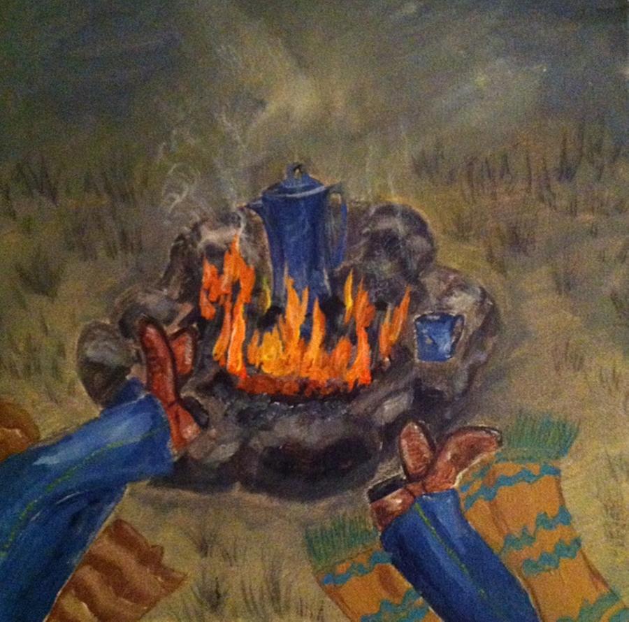900x890 Cowboy Campfire Painting By Janis Vanmeter - Cowboy Campfire Painting