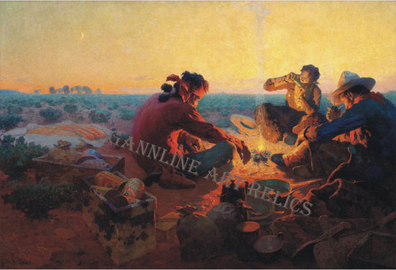 570x390 Cowboy Campfire On The Open Range Old West Art 12x18 Color - Cowboy Campfire Painting