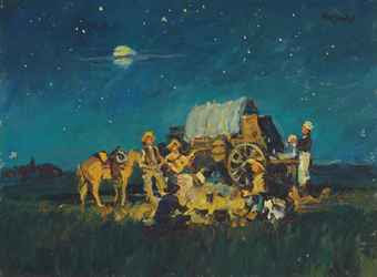 340x250 Cowboys And Chuckwagon Cooking Friends Eat - Cowboy Campfire Painting