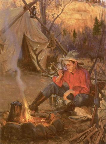 355x480 Paintings Amp Watercolors Western Art By Cowboy Artist Loren Entz - Cowboy Campfire Painting