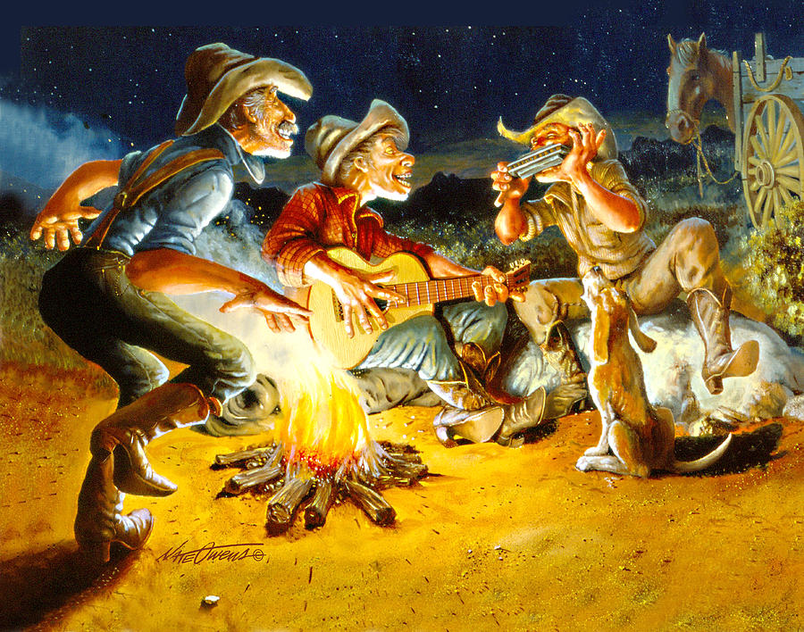 900x708 Campfire Concert Painting By Nate Owens - Cowboy Campfire Painting