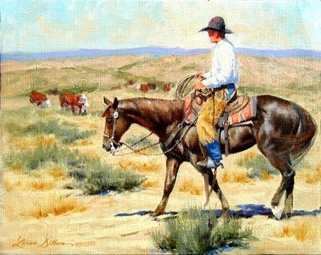 454x360 San, Sun Amp Sage By Lorna Dillon, Oil Paintings Great Western - Cowboy On Horse Painting