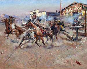 300x239 Wild West 45 Gun Fight Russell Cowboy Horse Painting 8x10 Canvas - Cowboy On Horse Painting