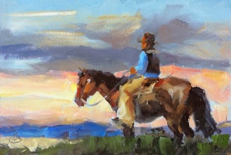 475x318 Cowboy, Horse, Sunset Western Scene By Tom Brown - Cowboy On Horse Painting