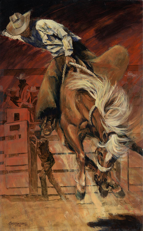 560x900 Cowboy On Bucking Horse Painting By Don Langeneckert - Cowboy On Horse Painting