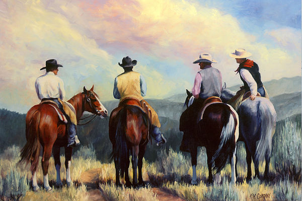 600x399 Board Meeting Cowboy Painting Painting By Kim Corpany - Cowboy Painting