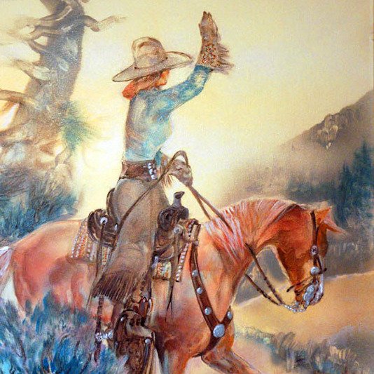 534x533 Larry Bute Western Cowgirl Painting Waving Lucky Star Gallery - Cowgirl Painting