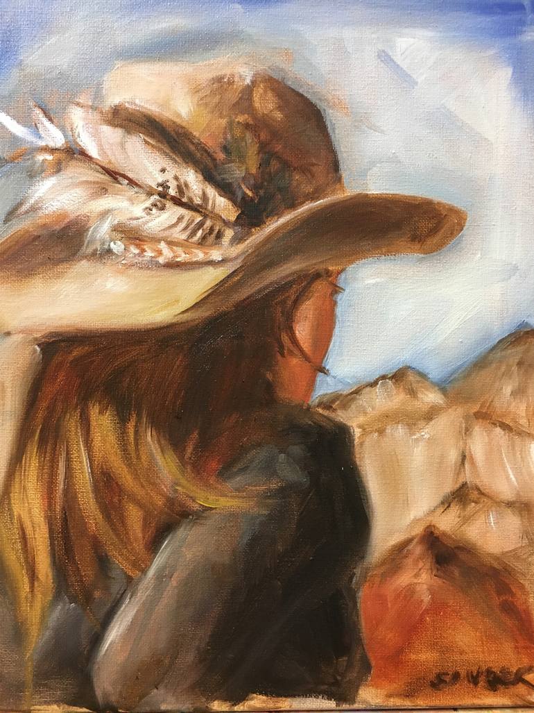 770x1027 Saatchi Art Contemplative Cowgirl Painting By Leslie Singer - Cowgirl Painting