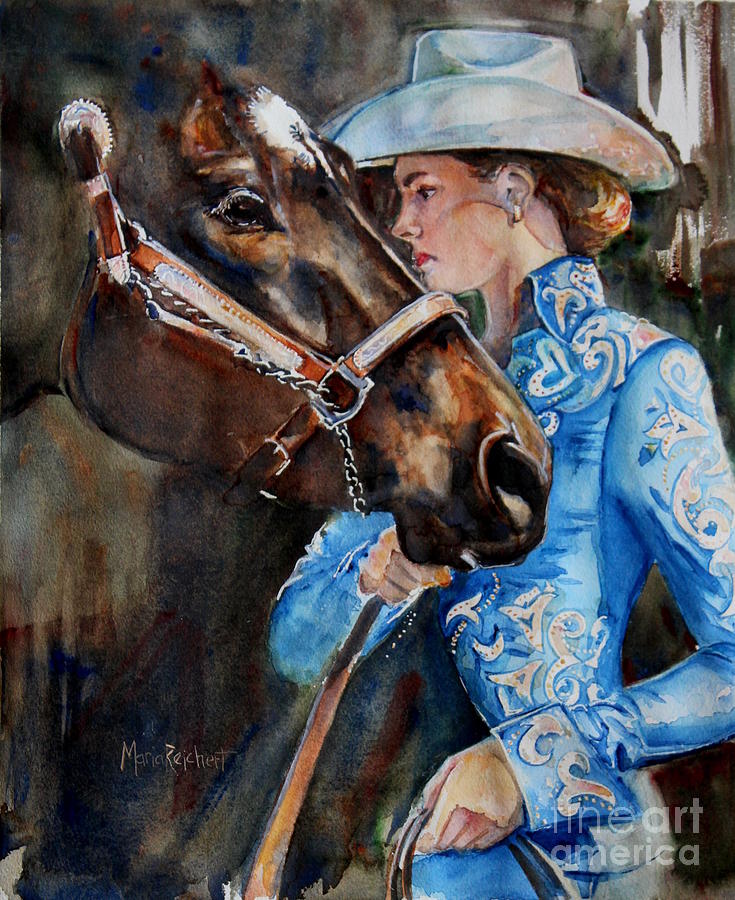 735x900 Black Horse And Cowgirl Painting By Maria's Watercolor - Cowgirl Painting