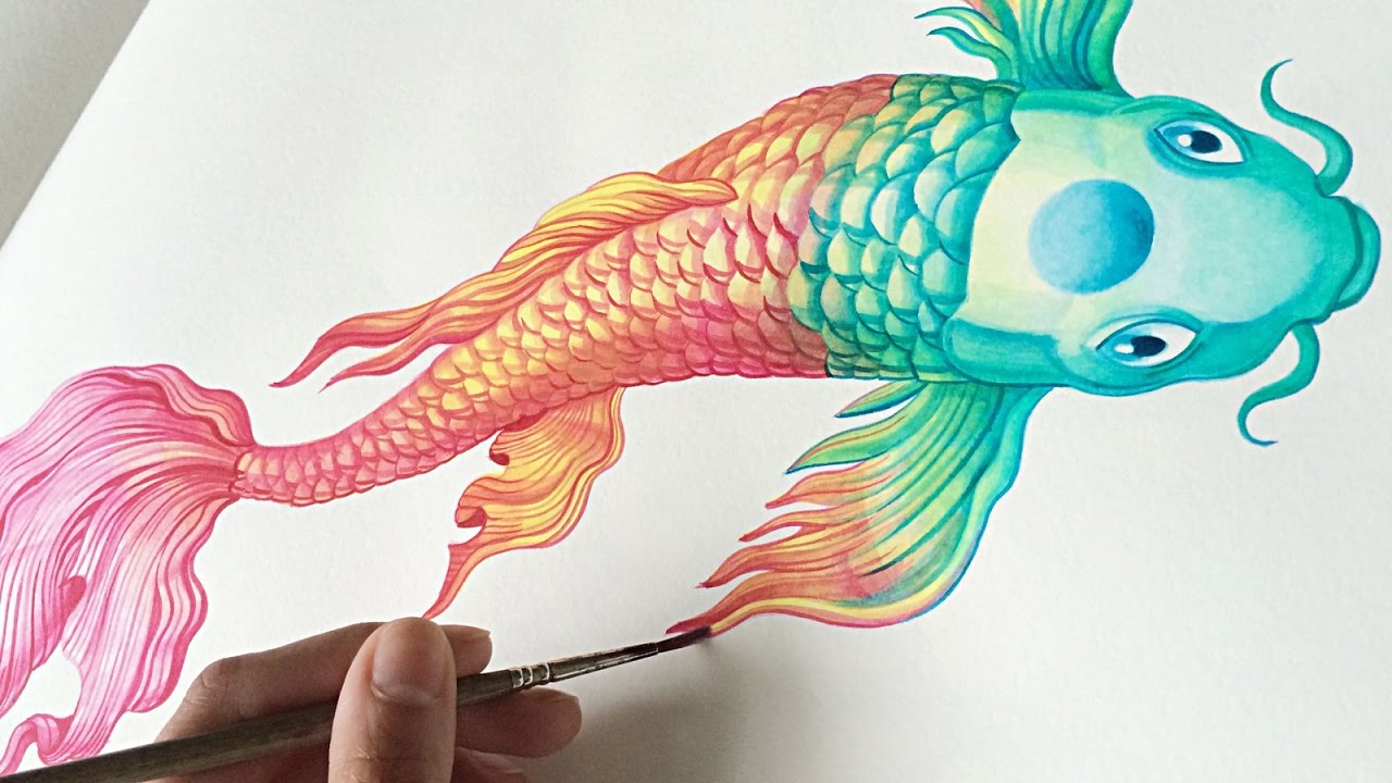 1280x720 Koi Fish Watercolour Painting - Coy Fish Painting
