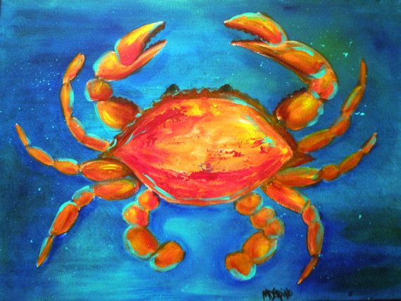 570x428 Blue Orange Crab Painting Seashore Ocean Beach Art By Adoraart - Crab Painting