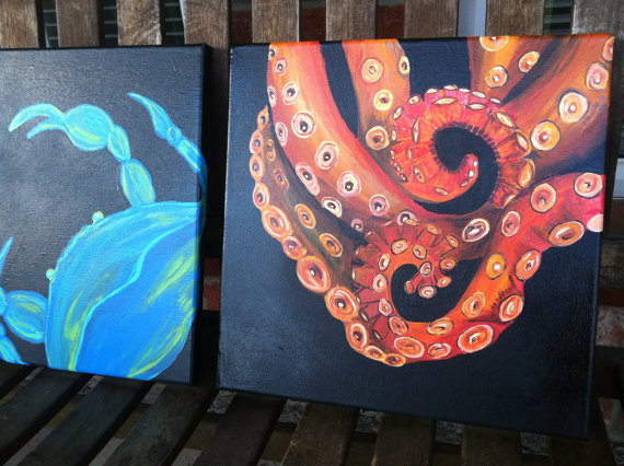 570x426 Items Similar To Blue Crab Amp Angry Octopus Canvas Original - Crab Painting Canvas