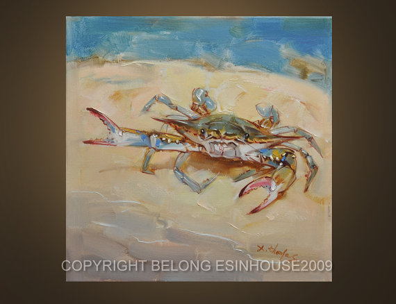 570x438 Original Blue Crab Painting Beach Ocean Bay X.thomas By Deny2011 - Crab Painting Canvas