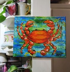 236x241 Red Crab Print Of Original Painting Nautical Shore Beach Ocean - Crab Painting Canvas
