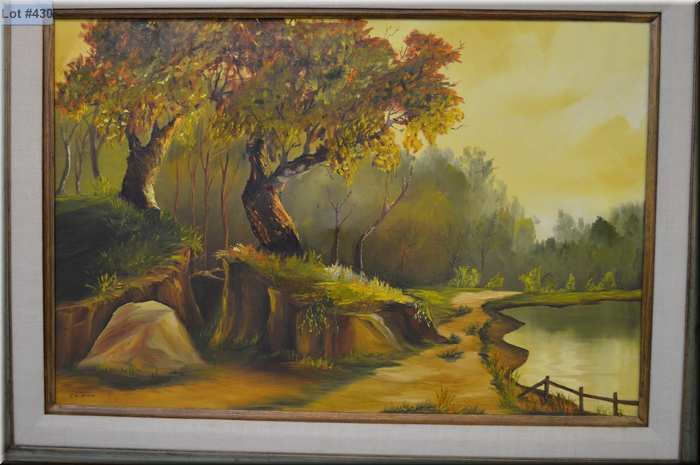 700x465 Large Framed Oil On Canvas Painting Of A Wooded Lake In Muted - Crabtree Painting
