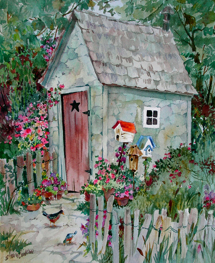 735x900 Outhouse With Birdhouses Painting By Sherri Crabtree - Crabtree Painting