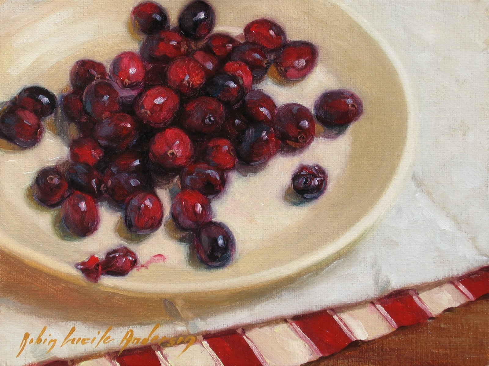 1600x1200 Robin Anderson Fine Art Cranberries On Plate On Red And White Stripes - Cranberry Painting