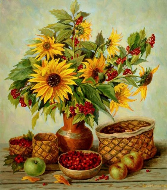 563x640 Sunflowers And Cranberry (Arkady Zrazhevsky) - Cranberry Painting