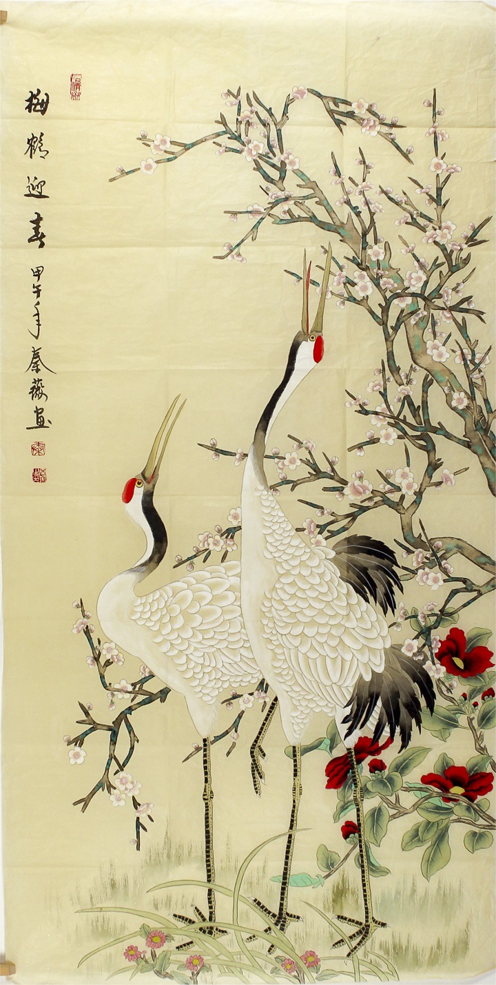 720x1430 Hand Painting Artists Original Xuan Paper Silk Crane Bird Painting - Crane Bird Painting