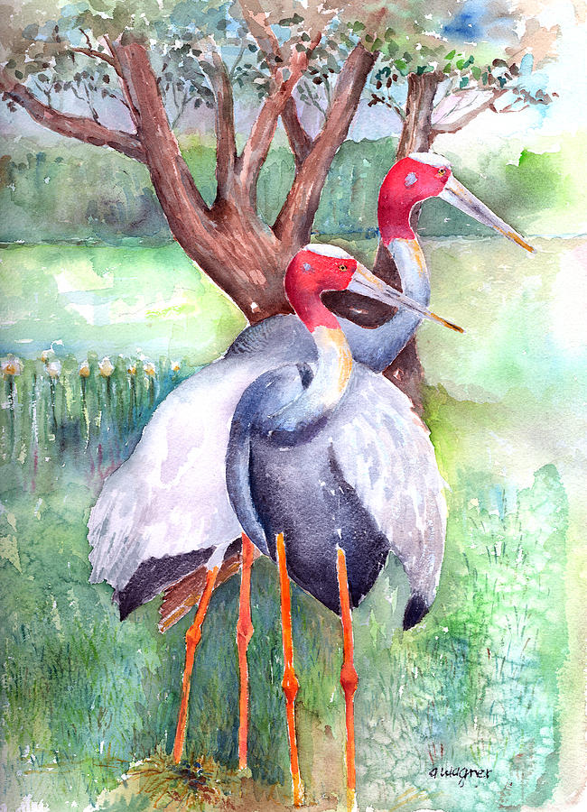 650x900 Sarus Cranes Painting By Arline Wagner - Crane Bird Painting