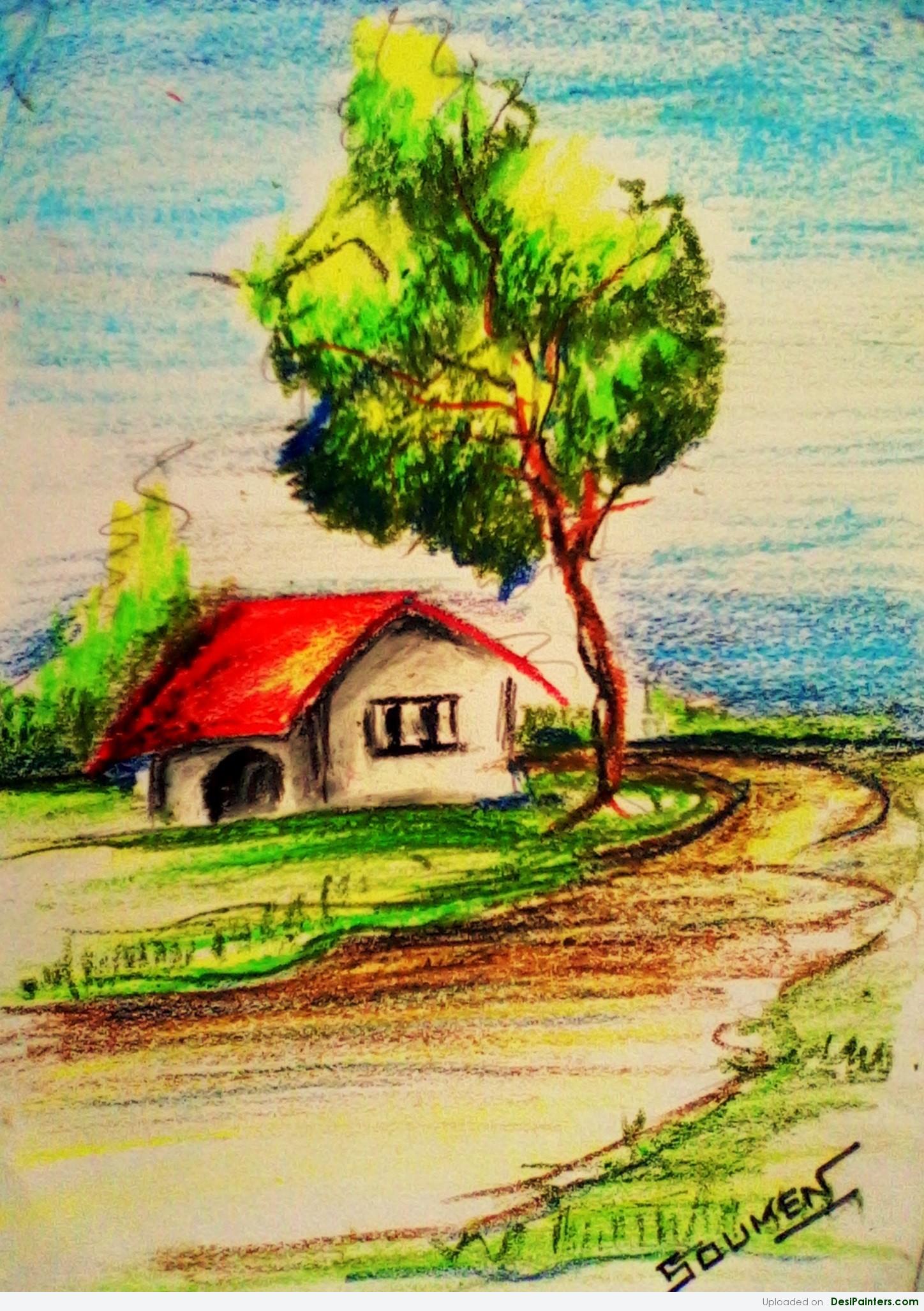 1448x2054 Crayon Painting Of A Hut - Crayon Painting