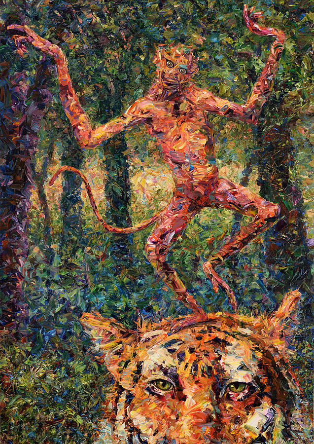 637x900 Only A Crazy Monkey Dances On A Tiger's Head Painting By James W - Crazy Painting