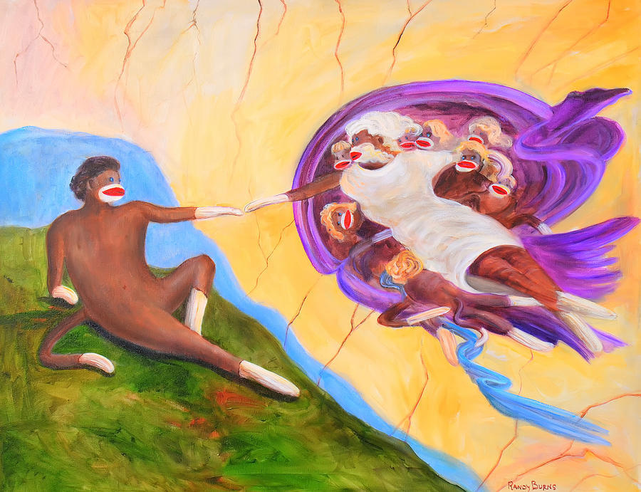 900x691 Creation Of A Sock Monkey Painting By Randy Burns - Creation Of Man Painting