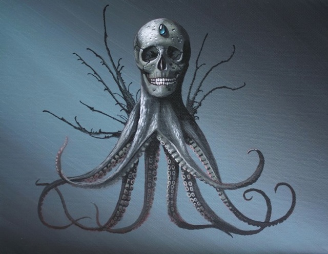 640x496 Creature, A Creepy Skull With Tentacles Painting By Robert Bowen - Creature Painting