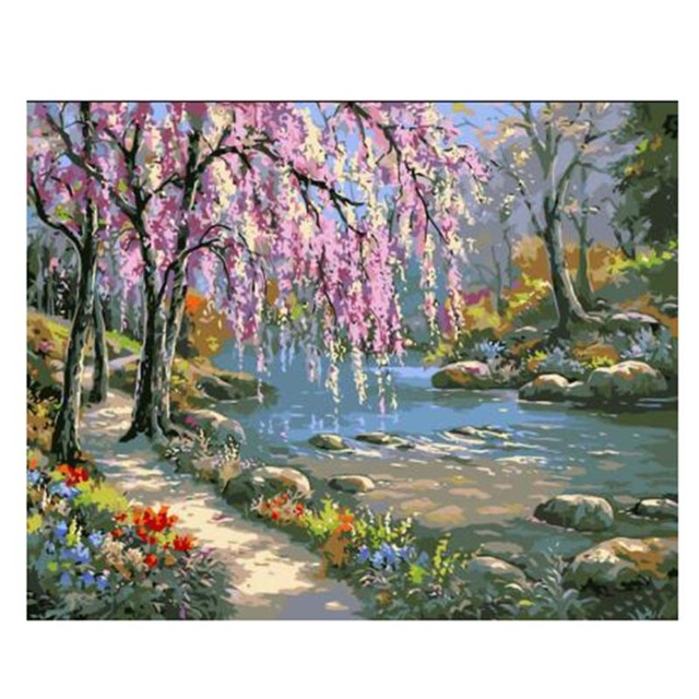 640x640 Landscape Diy Painting By Numbers Kits On Canvas Romantic Creek - Creek Painting