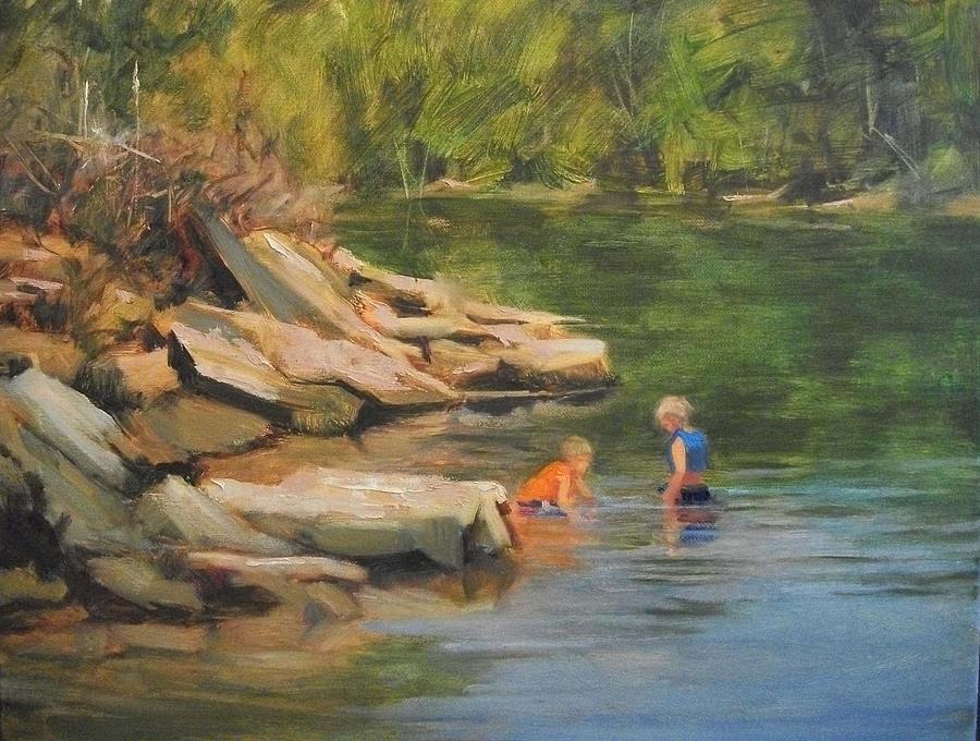 900x680 Boys Playing In The Creek Painting By Margaret Aycock - Creek Painting