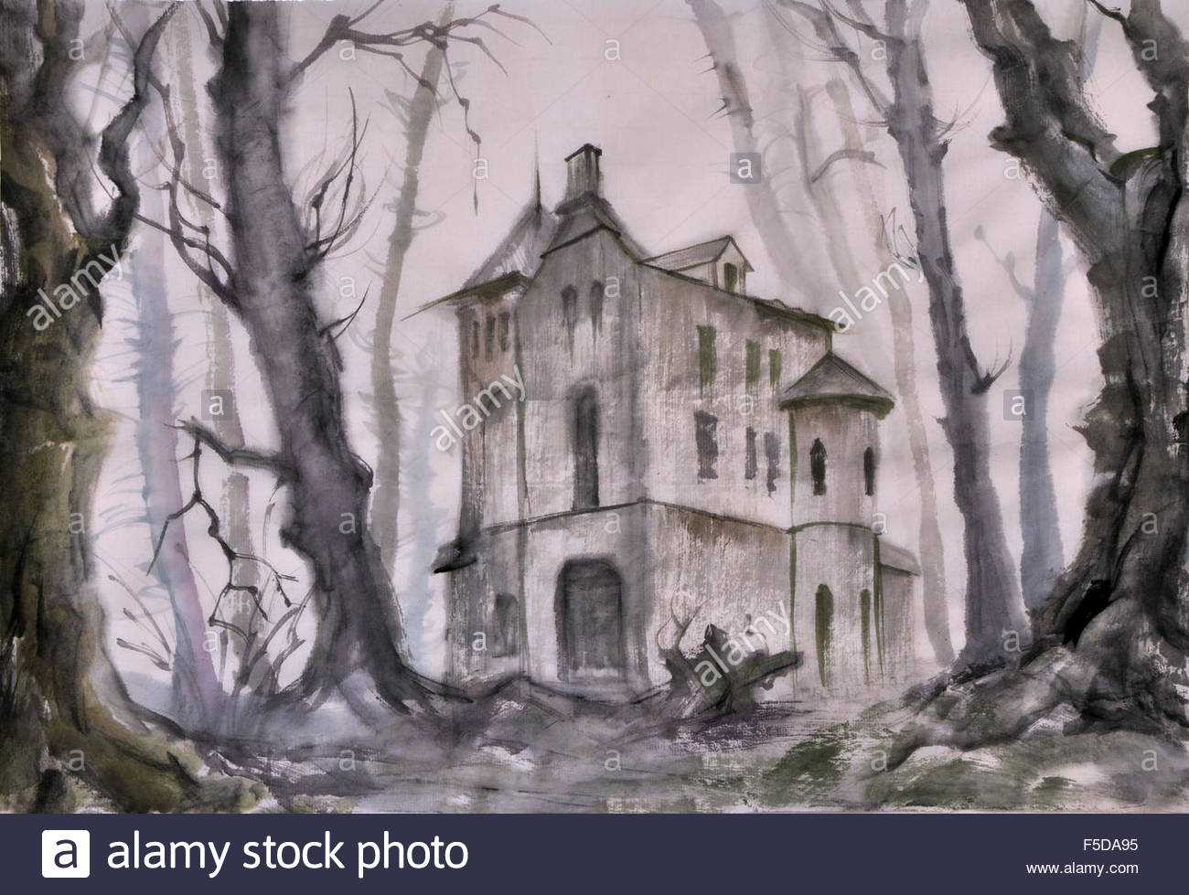 1300x979 Haunted Castle In The Autumn Bare Tree Forest, Original Watercolor - Creepy Forest Painting